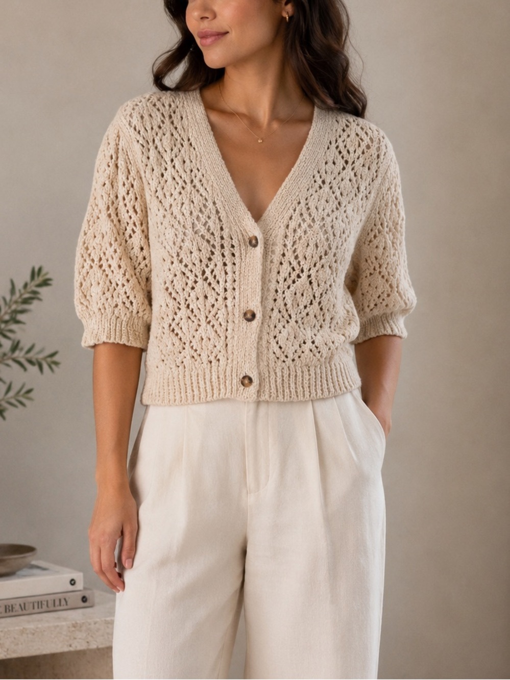 NWT Zara Cream Eyelet Knit Button-Front Crop Cardigan